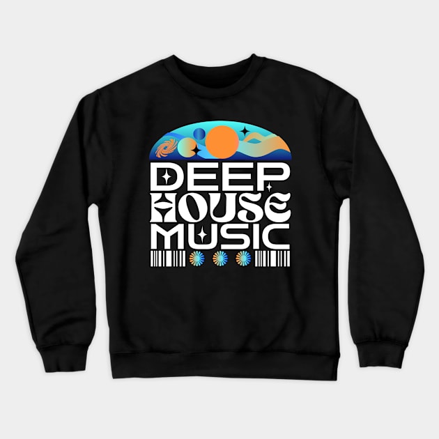 DEEP HOUSE  - Orbs And Stars (Blue/white/orange) Crewneck Sweatshirt by DISCOTHREADZ 